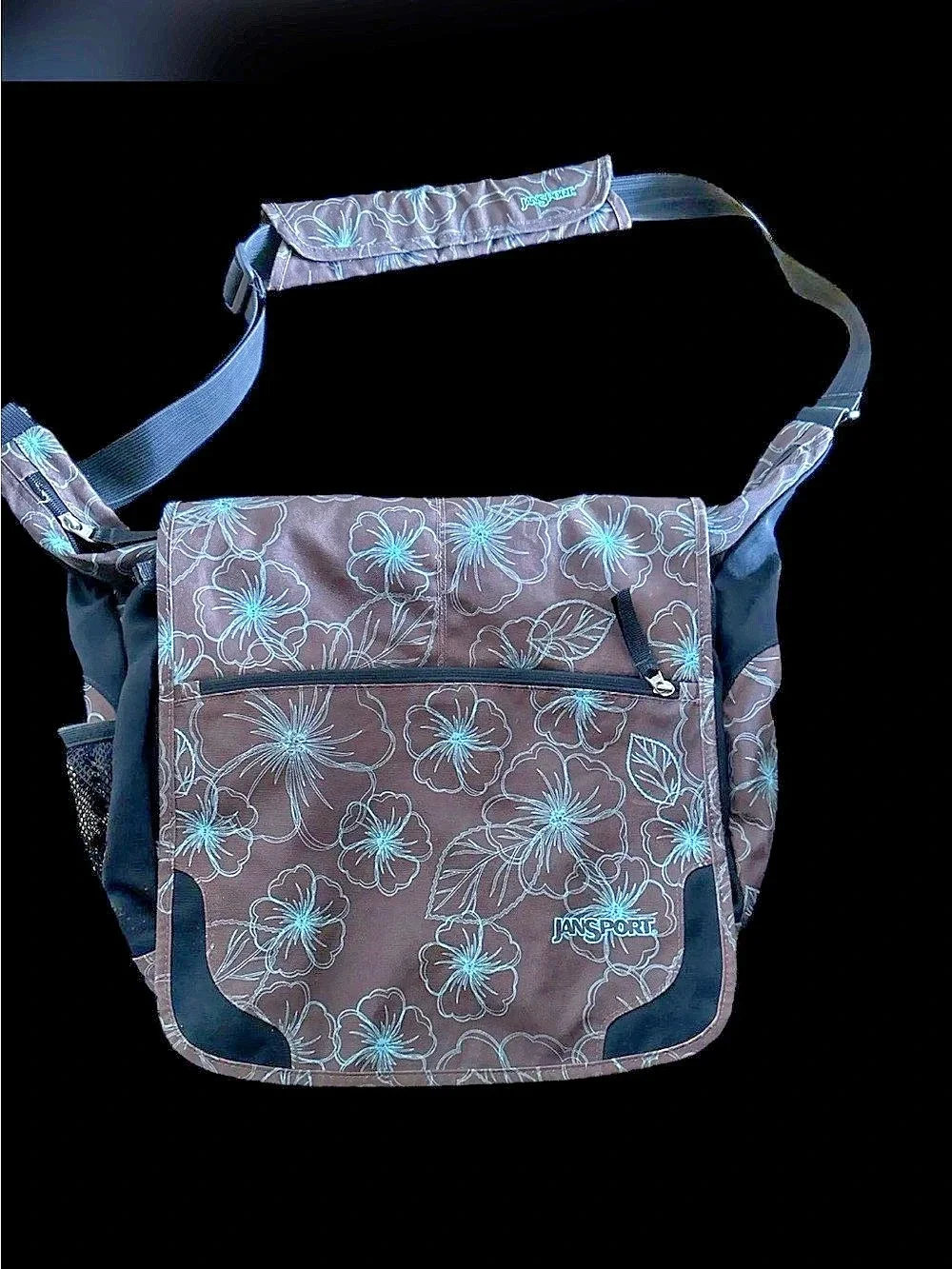 JanSport Floral Crossbody Bag Brown & Blue Like New